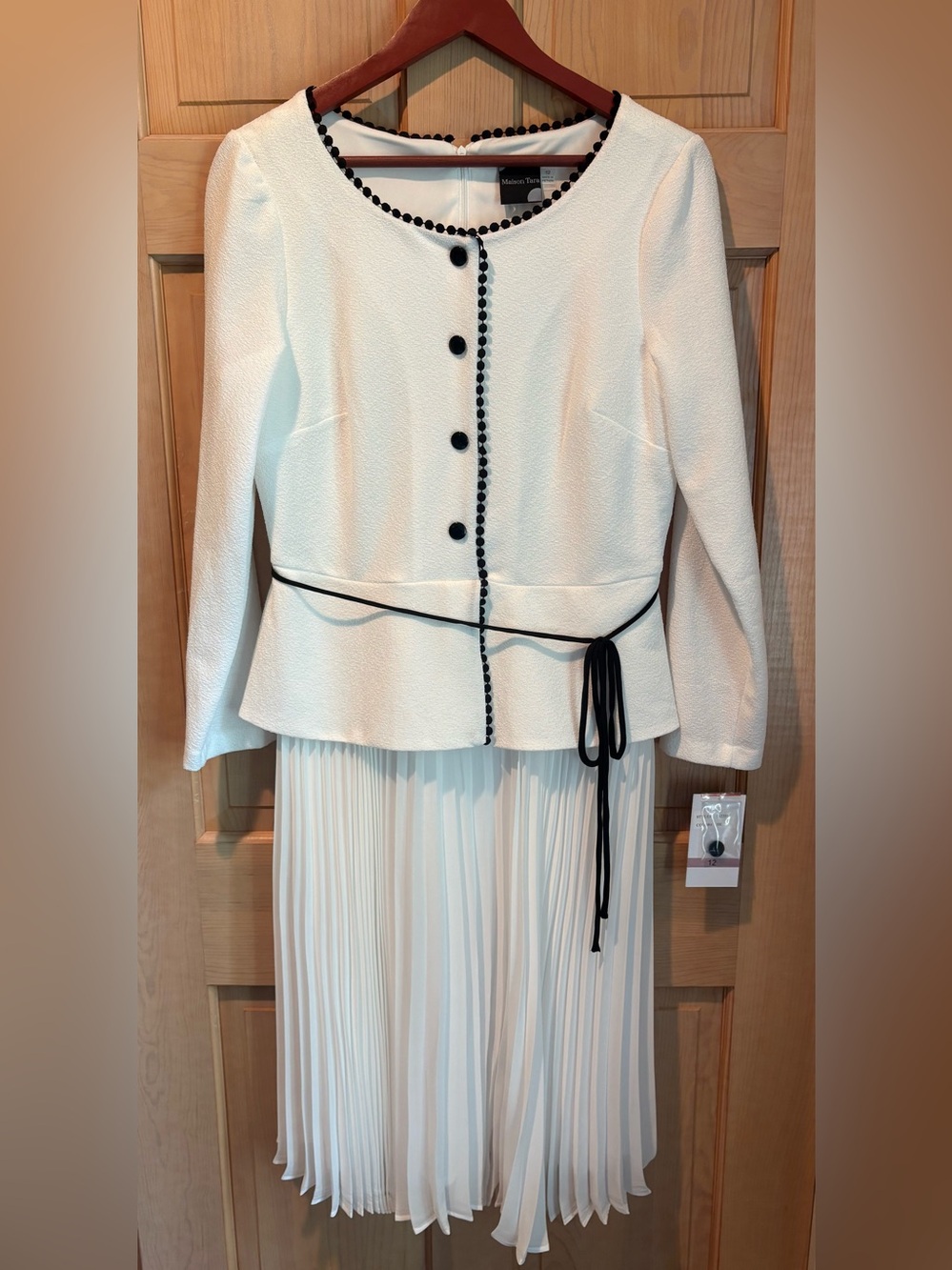 Maison Tara White Peplum Jacket Dress with Black Trim and Pleated Bottom. Sz. 12